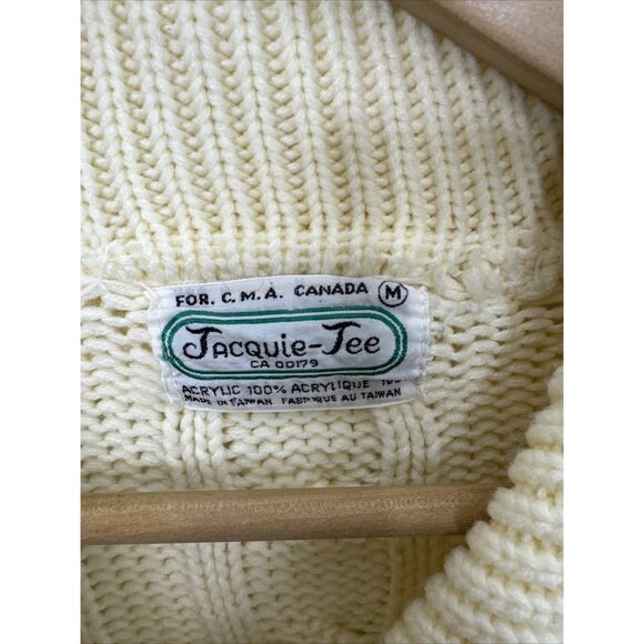 Vintage 70s Cable Knit Woman M Cardigan Sweater Acrylic Classic High Neck - Picture 2 of 6